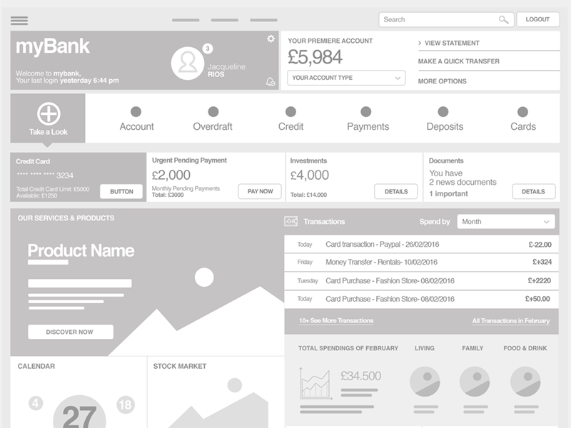 web wireframe for a bank app