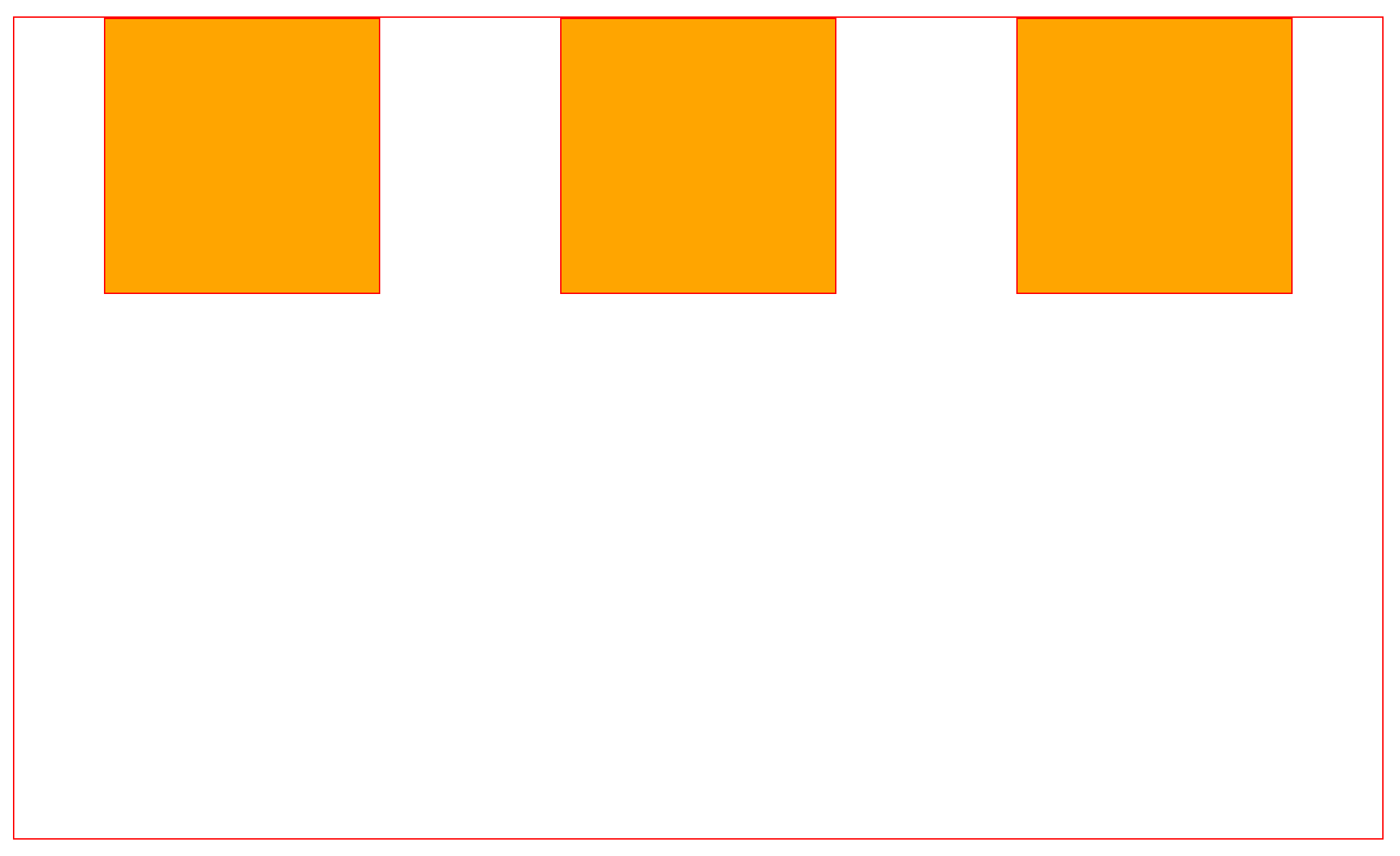 Three orange boxes in a row evenly spaced apart