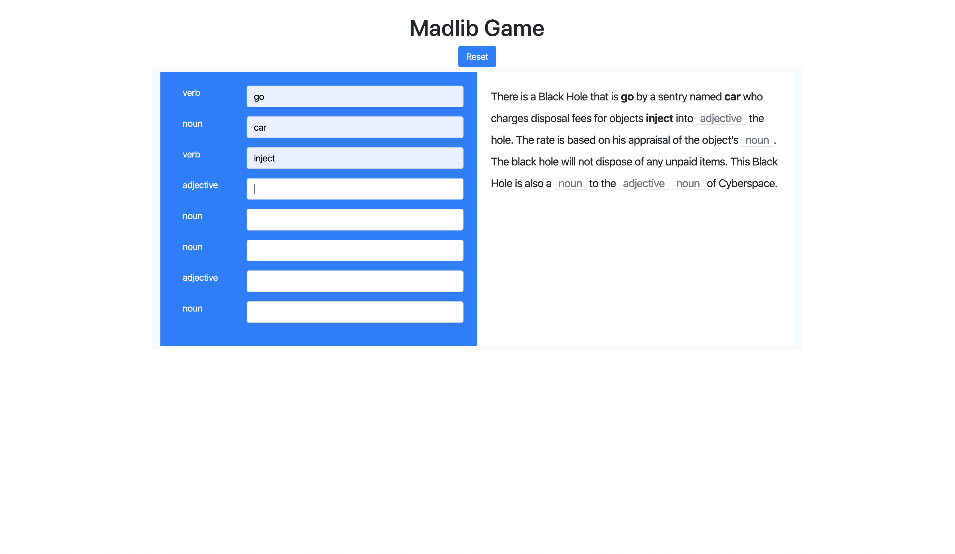 screenshot of TA solution to madlib game